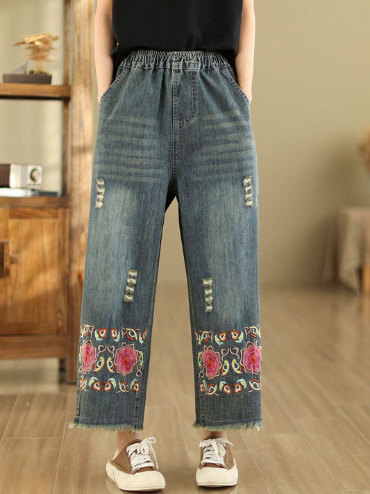 Women Summer Retro Embroidery Frayed Straight Denim Pants