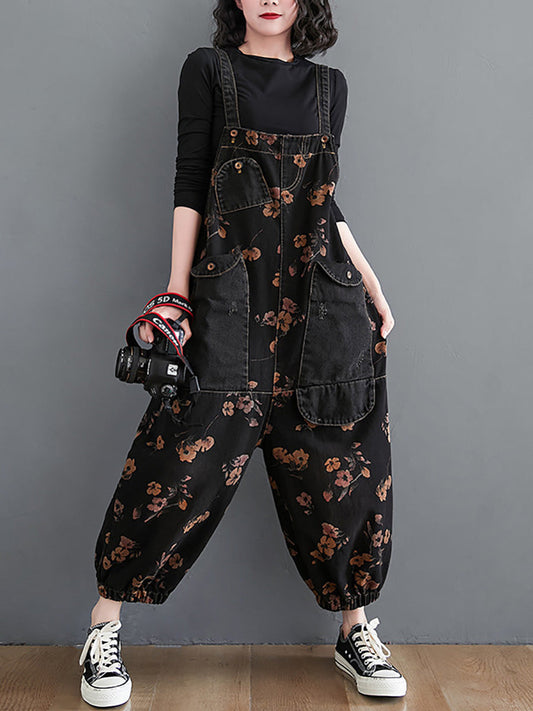 Women Autumn Worn Flower Patchwork Loose Denim Jumpsuits