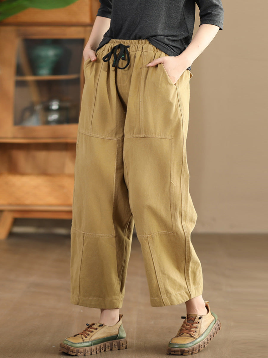 Women Autumn Vintage Solid Spliced Pocket Harem Pants