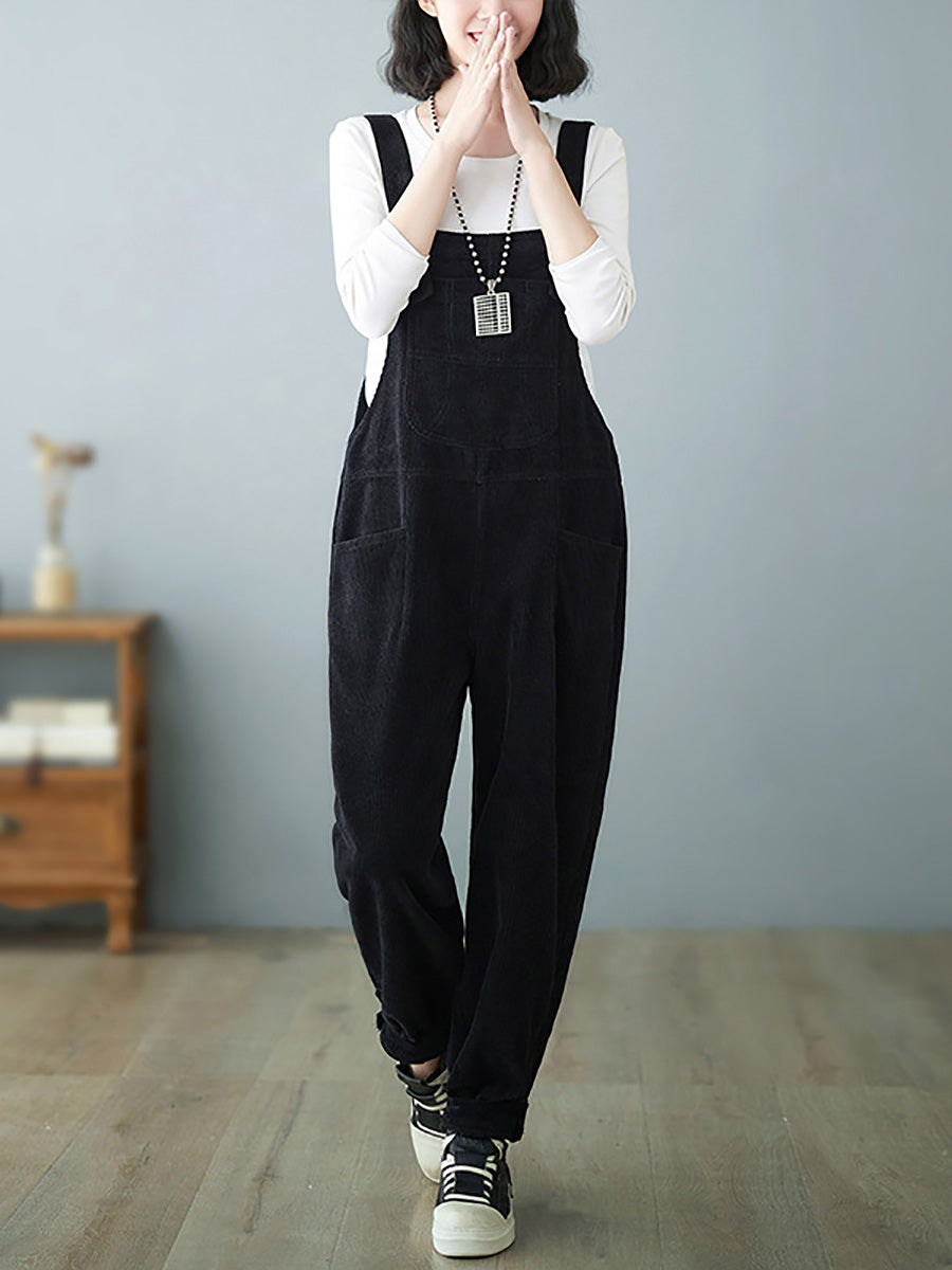 Women Casual Autumn Solid Corduroy Loose Jumpsuits