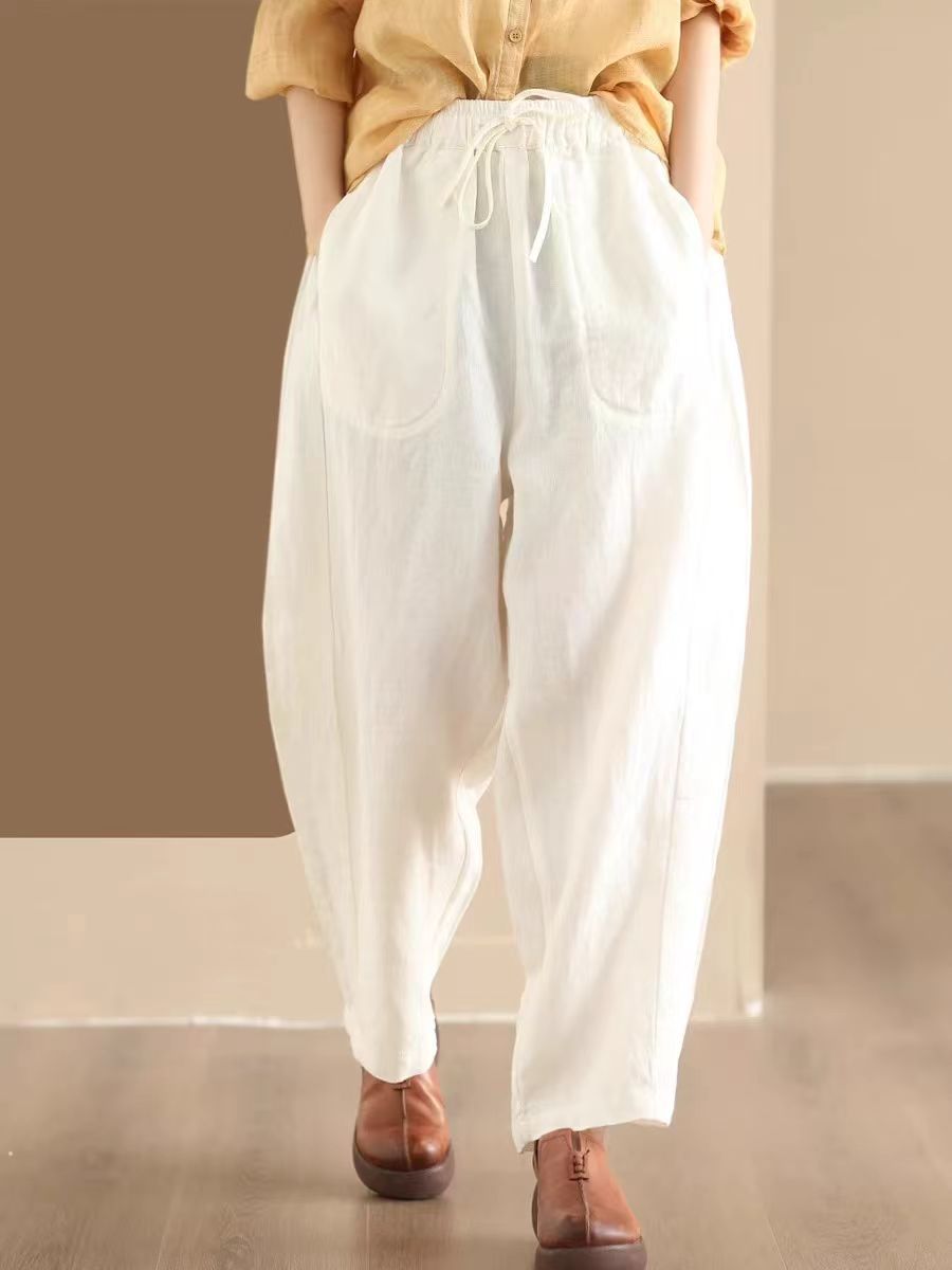 Women Summer Solid Linen Loose Harem Pants