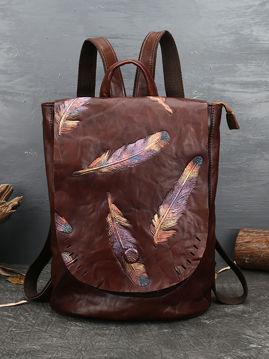 Women Vintage Leather Feather Embossing Backpack