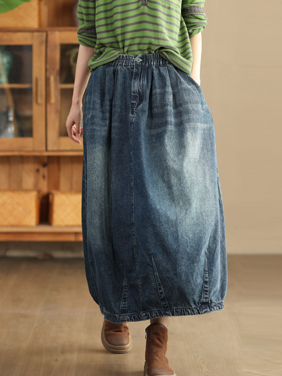 Women Autumn Casual Solid Back Hem Split Denim Skirt