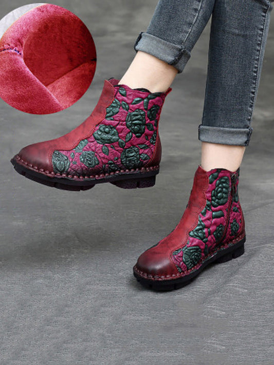 Women Retro Flower Leather Spliced Zipper Low Heel Boots