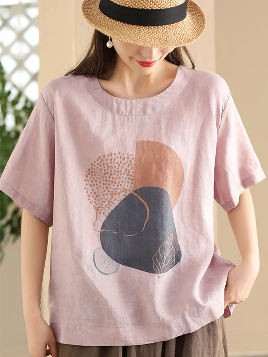 Women Summer Casual Flower O-Neck Ramie Shirt