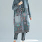 Women Vintage Flower Spliced Loose Hooded Dress