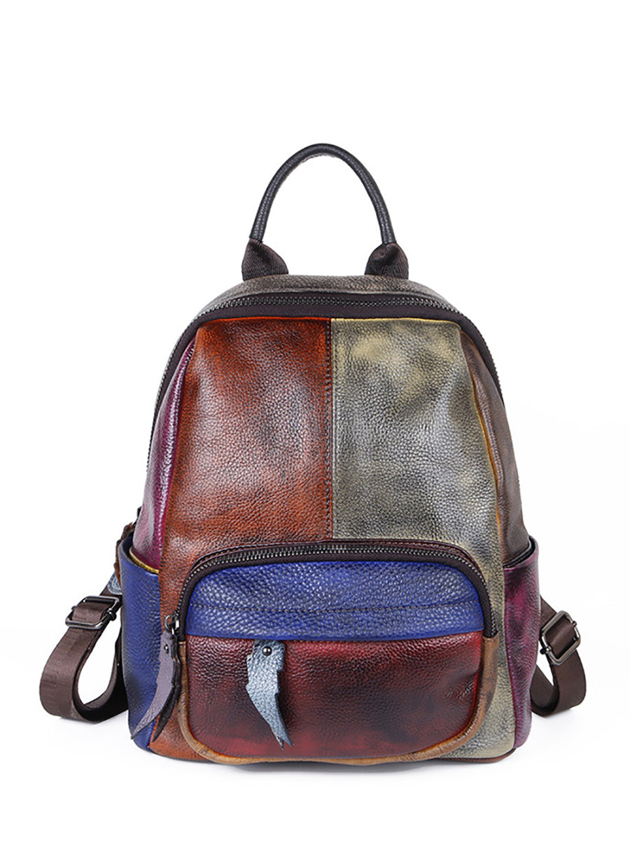 Women Colorblock Hand Painted Outdoor Leather Backpack