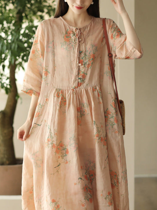 Women Summer Artsy Floral O-Neck Ramie Dress