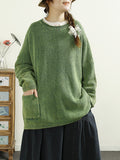 Women Casual Autumn O-Neck Solid Knit Sweater