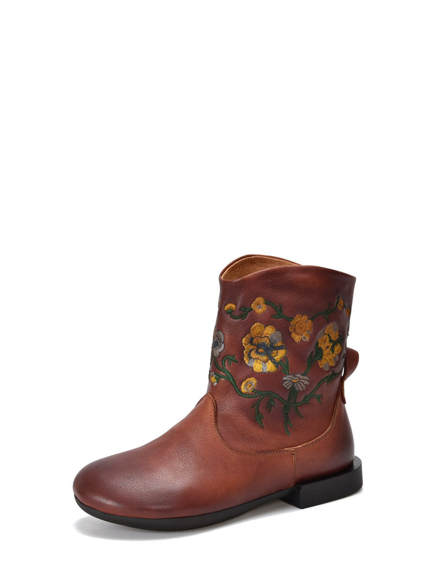 Women Vintage Flower Embroidery Leather Low Heel Boots