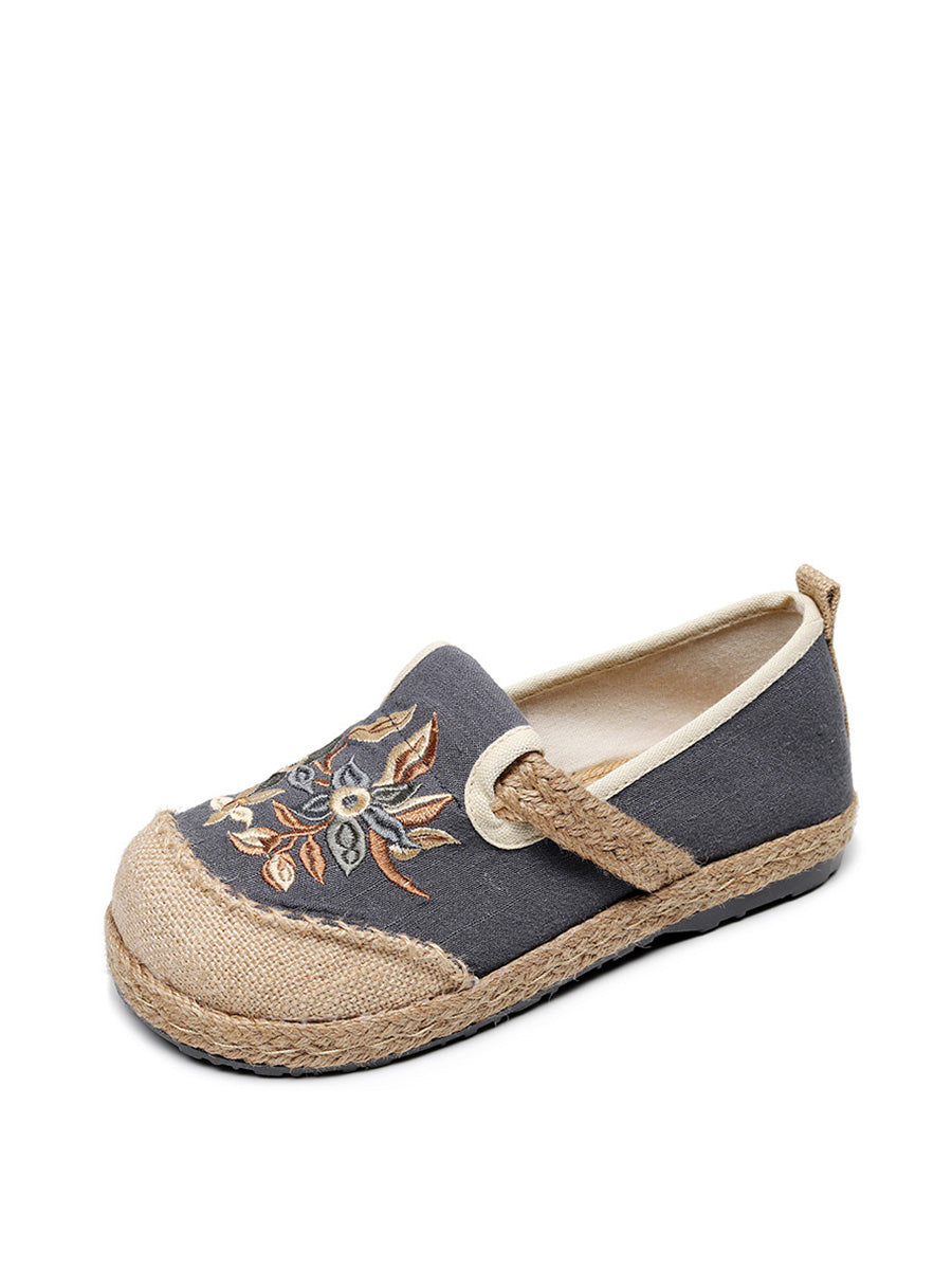 Women Ethnic Flower Embroidery Linen Cotton Flat Shoes