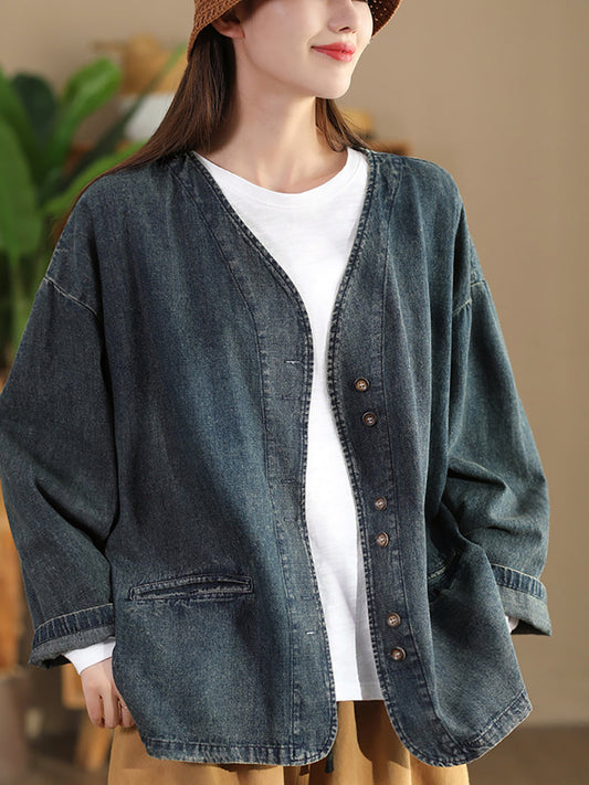 Women Autumn Vintage Pure Color V-Neck Denim Coat