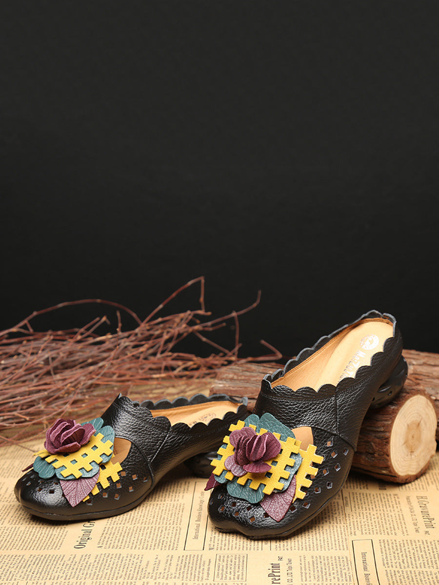 Women Summer Ethnic Leather Flower Spliced Low Heel Sandals