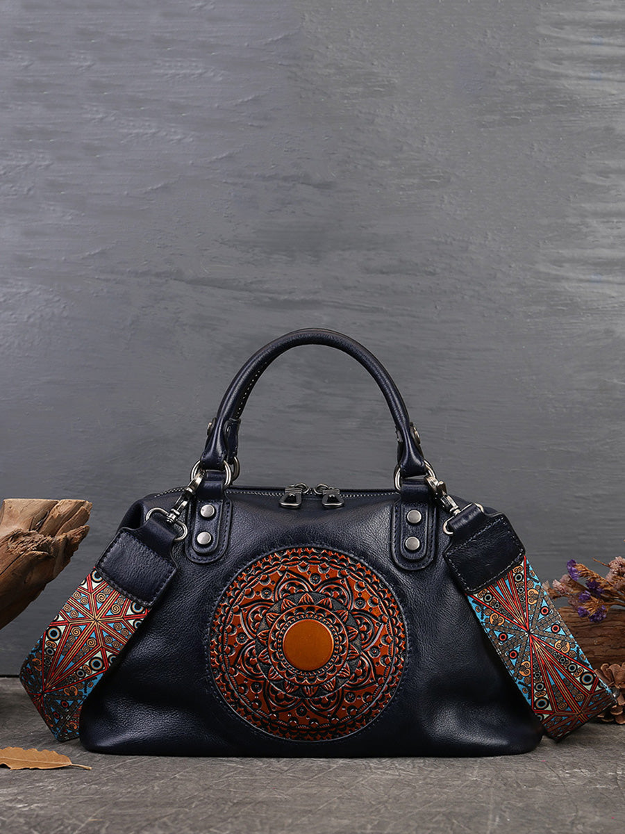 Women Leather Flower Spliced Capacity Hand Bag Shoulder Bag