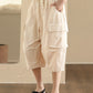 Women Summer Casual Solid Pocket Loose Cotton Fifth Pants