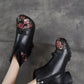 Women Ethnic Autumn Flower Spliced Leather Mid-Heel Boots