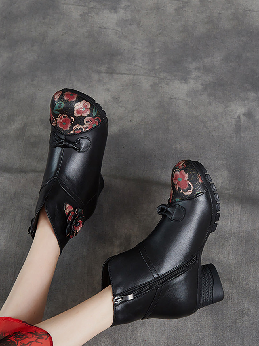 Women Ethnic Autumn Flower Spliced Leather Mid-Heel Boots