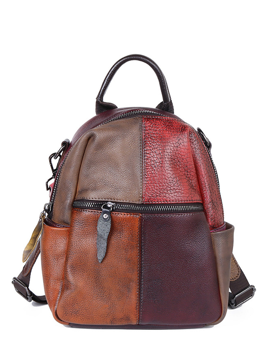 Women Colorblock Hand Painted Outdoor Leather Backpack