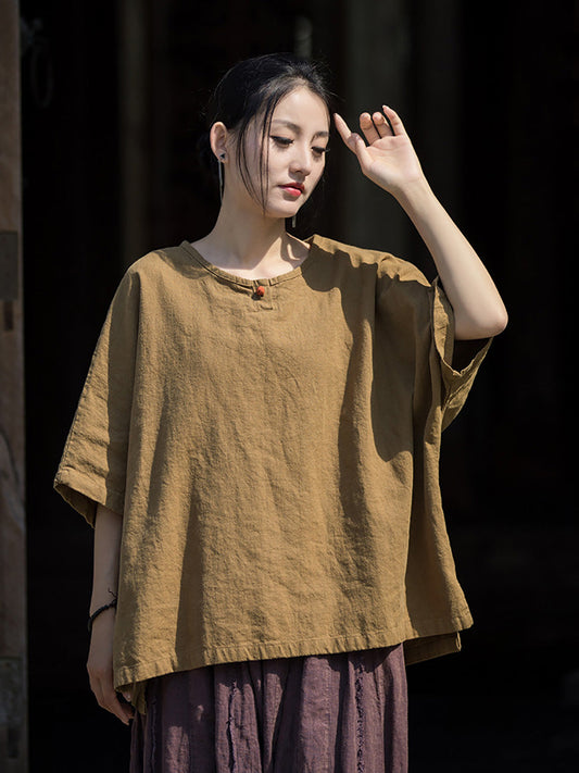 Women Summer Vintage O-Neck Solid Cotton Ramie Shirt