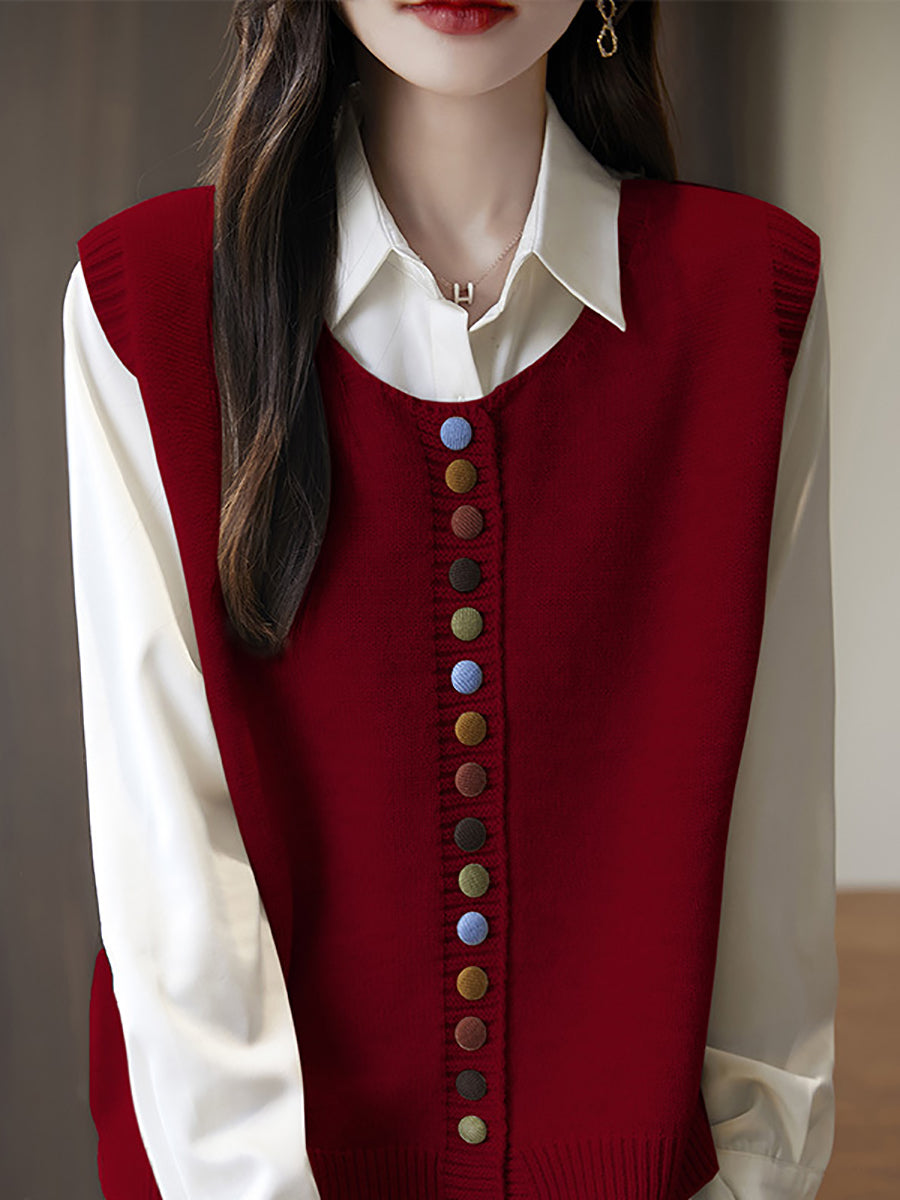 Women Casual Autumn Wool O-Neck Colorful Button Knit Vest