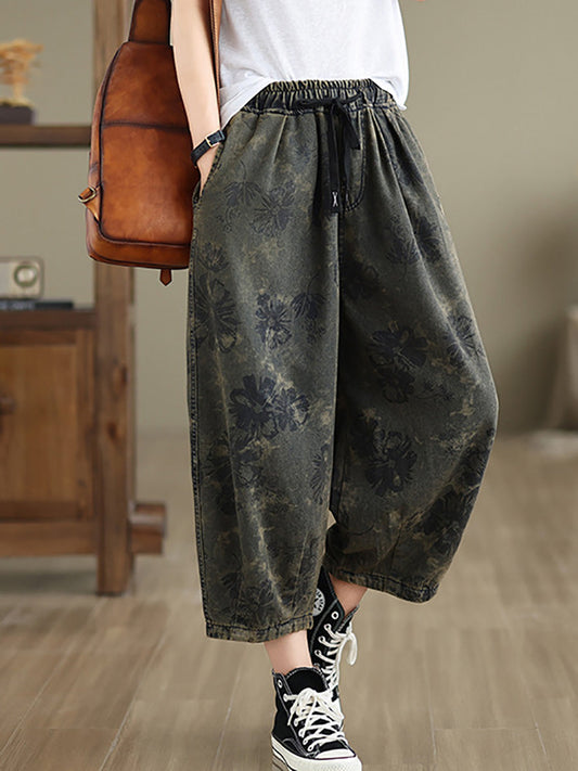 Women Summer Vintage Flower Denim Harem Pants