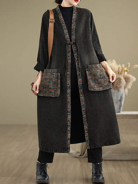 Women Autumn Worn Patch Colorblock Denim Coat