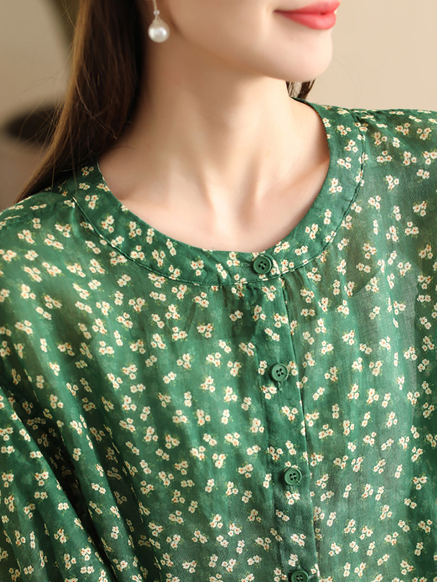 Women Summer Artsy Floral O-Neck Thin Shirt