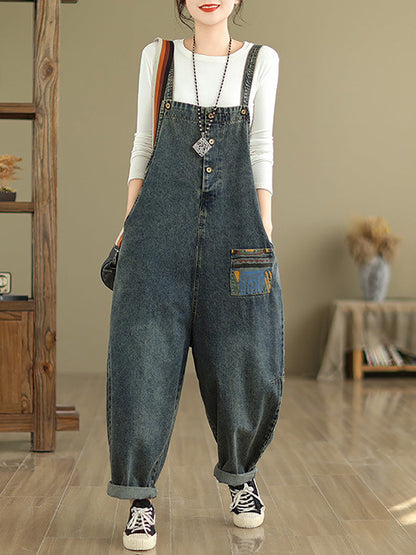 Women Casual Patchwork Loose Denim Jumpsuits