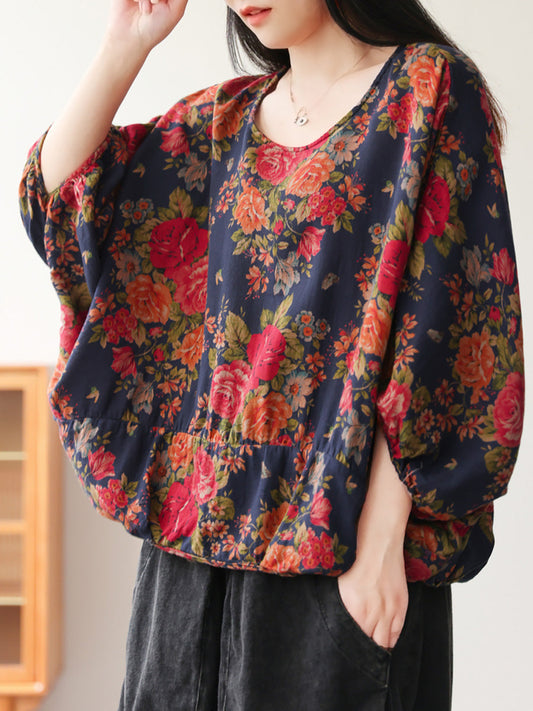 Women Ethnic Flower O-Neck Batwing Sleeve Cotton Linen Shirt