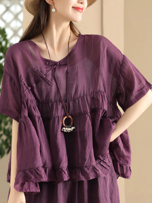 Women Summer Vintage Agaric Lace Spliced Ramie Shirt