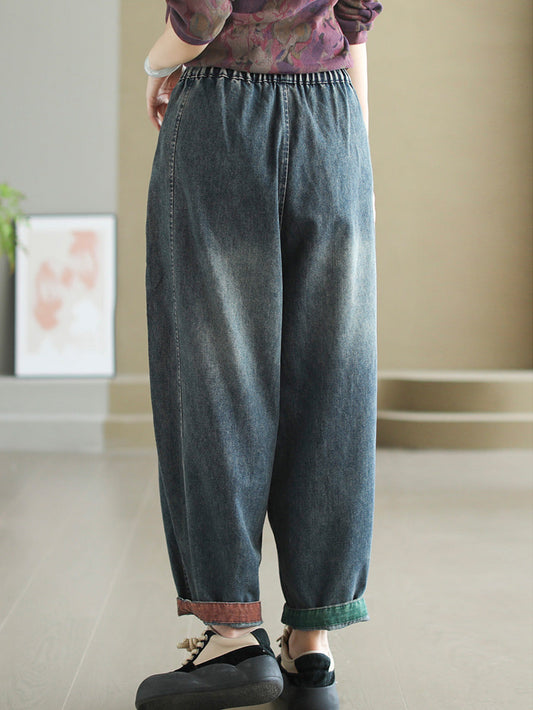 Women Autumn Artsy Spliced Denim Harem Pants