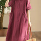 Women Summer Casual Solid Loose Polo Collar Linen Dress