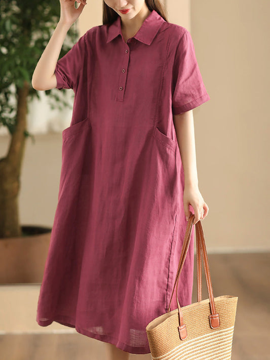 Women Summer Casual Solid Loose Polo Collar Linen Dress