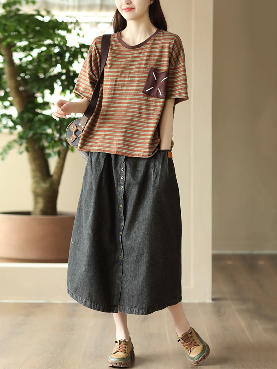 Women Casual Pocket Button Loose Sold Denim Skirt