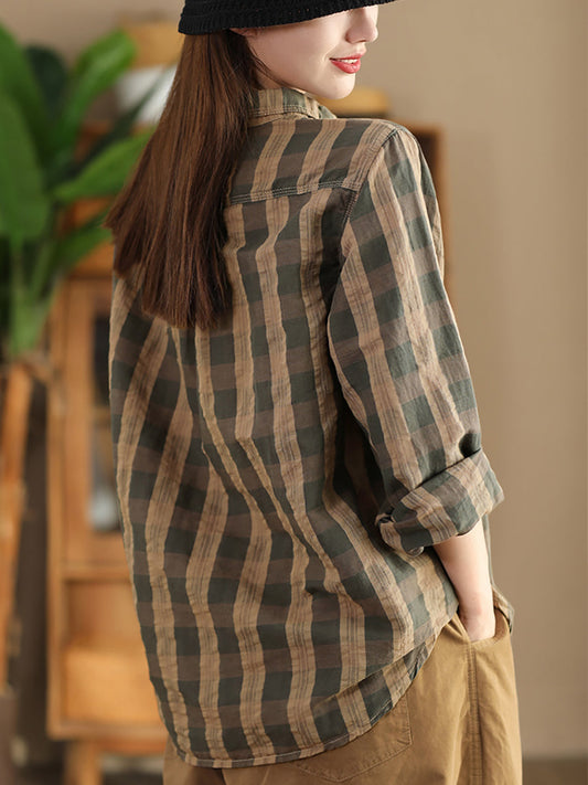 Women Autumn Vintage Plaid Button-up Linen Blouse