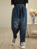 Women Autumn Artsy Embroidery Denim Harem Pants