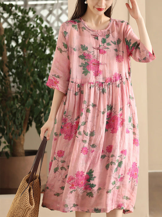 Women Summer Artsy Flower Buckle Loose Ramie Dress