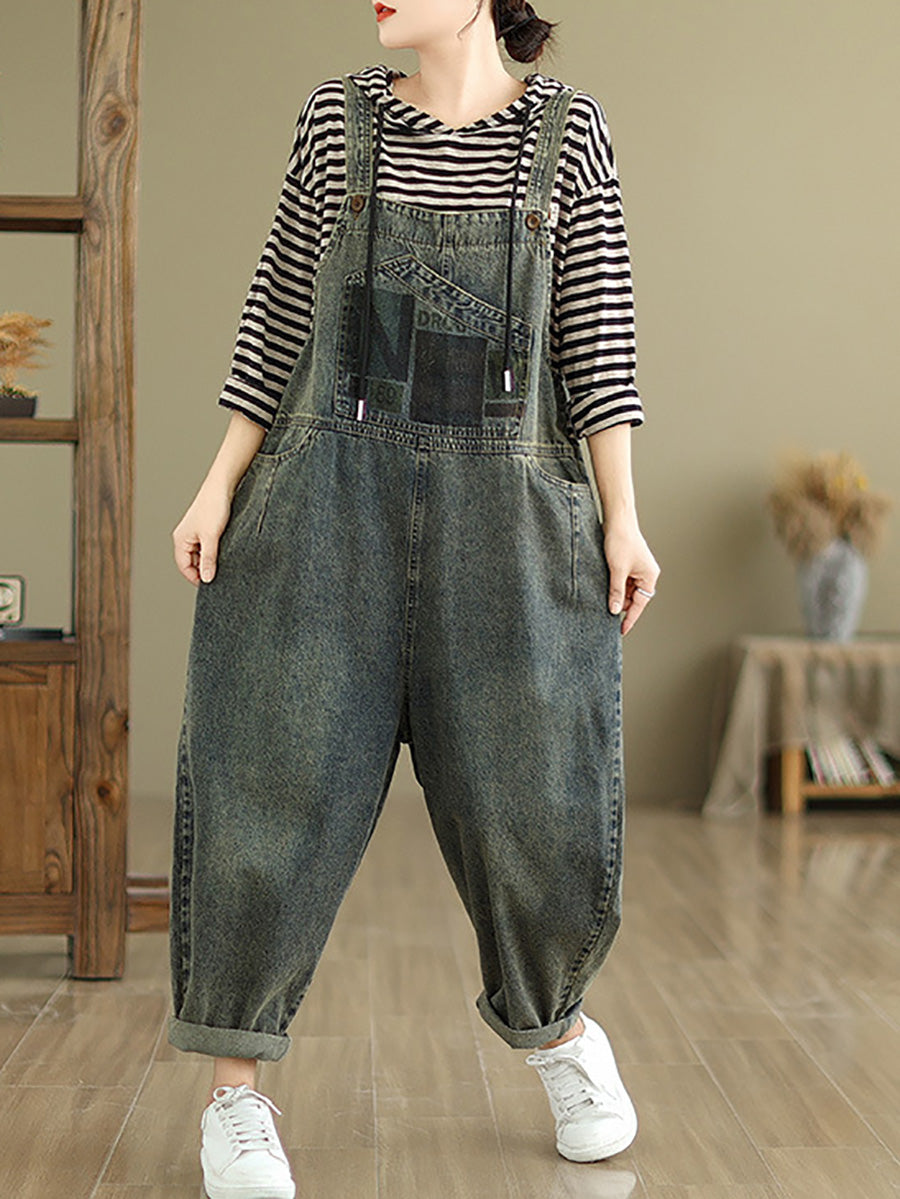 Women Autumn Retro Patchwork Loose Denim Jumpsuits