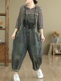 Women Autumn Retro Patchwork Loose Denim Jumpsuits