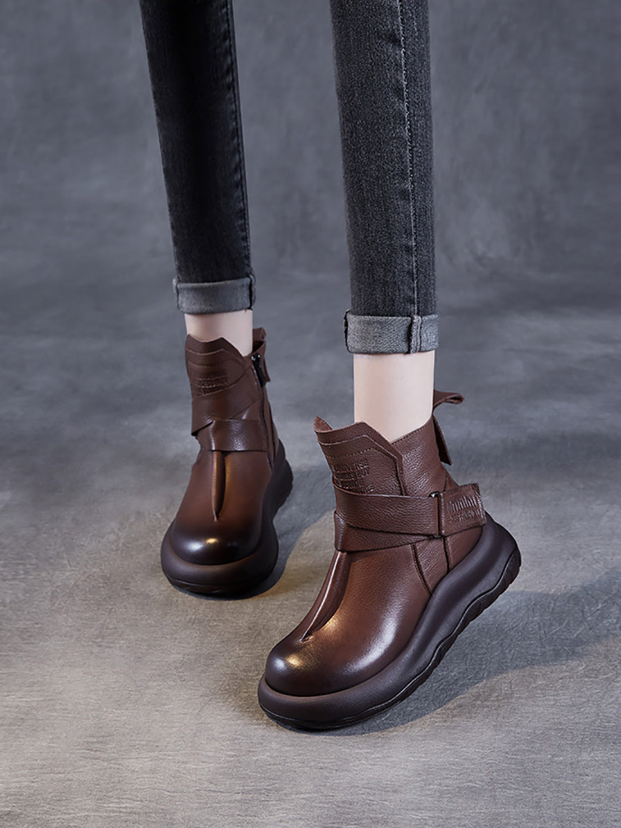 Women Vintage Genuine Leather Spliced Platform Ankle Boots