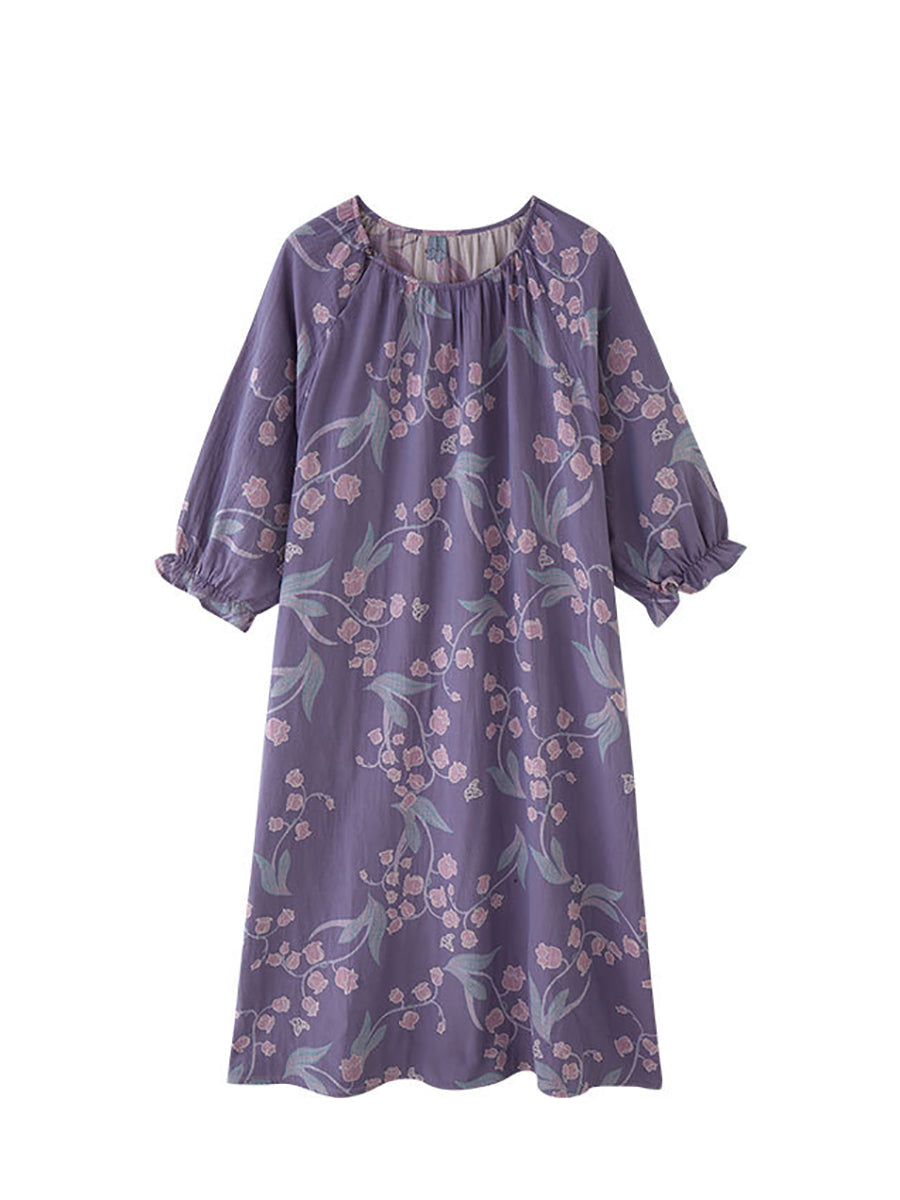 Women Artsy Spring Floral Cotton Loose Dress