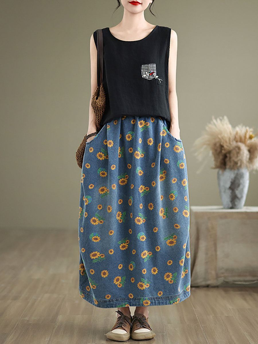 Women Casual Summer Sunflower Print Loose Skirt