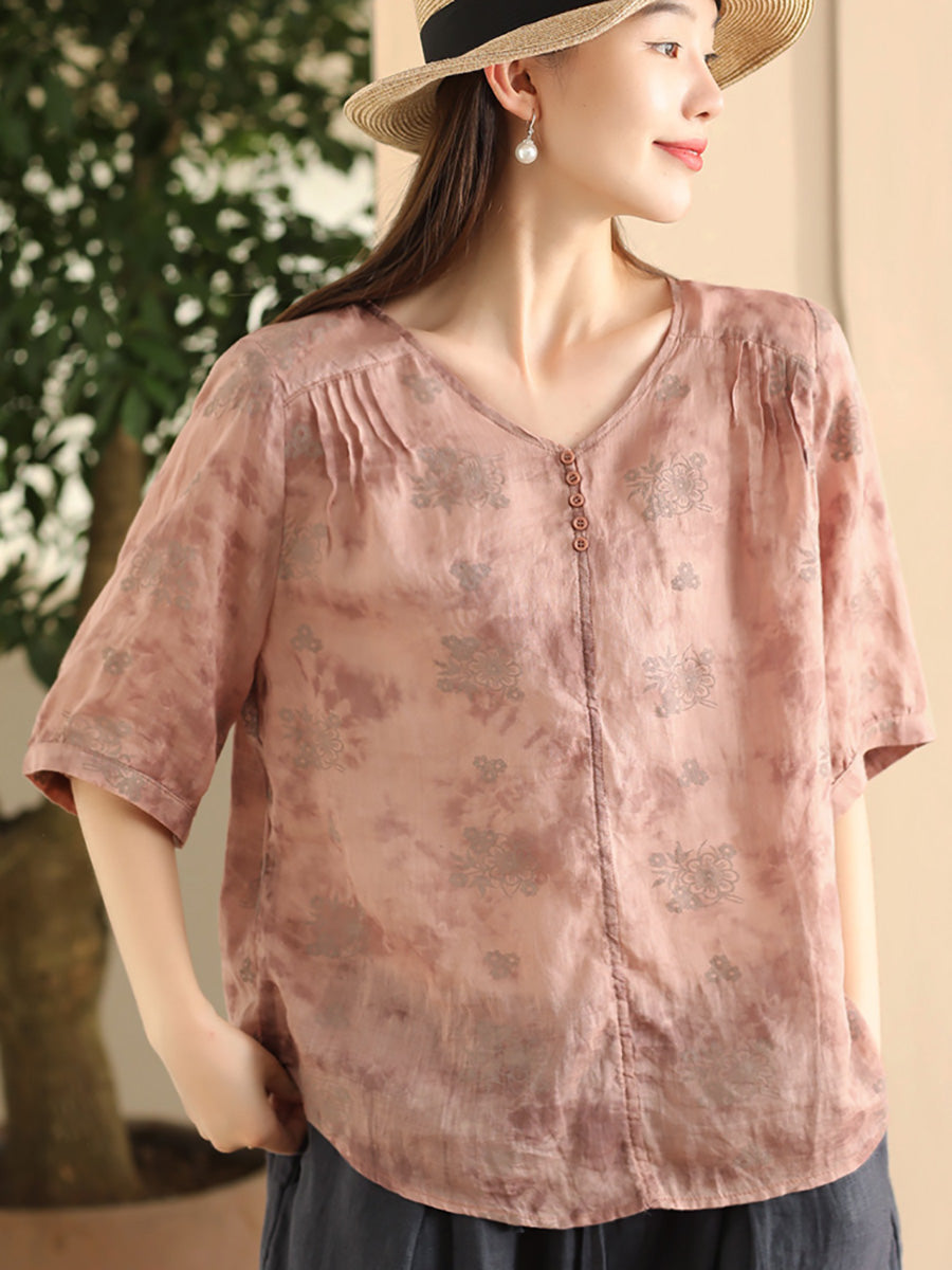 Women Summer Artsy Flower V-Neck Thin Ramie Shirt