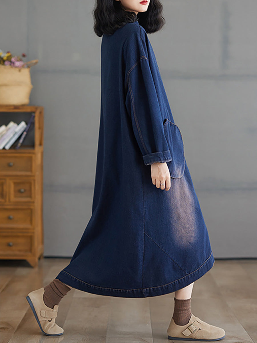 Women Autumn Worn V-Neck Washed Denim Long Coat