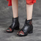 Women Ethnic Autumn Flower Spliced Leather Mid-Heel Boots