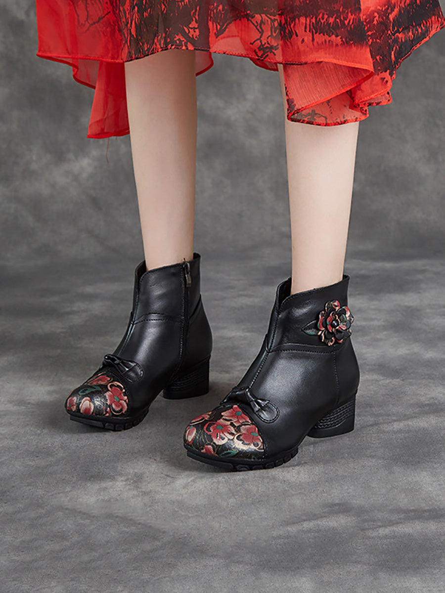 Women Ethnic Autumn Flower Spliced Leather Mid-Heel Boots