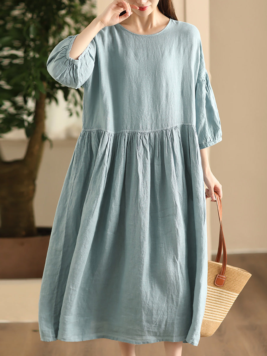 Women Summer Casual Solid Linen Loose Dress