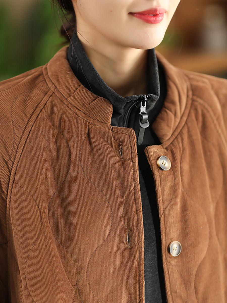 Women Autumn Casual Solid Corduroy Padded Coat