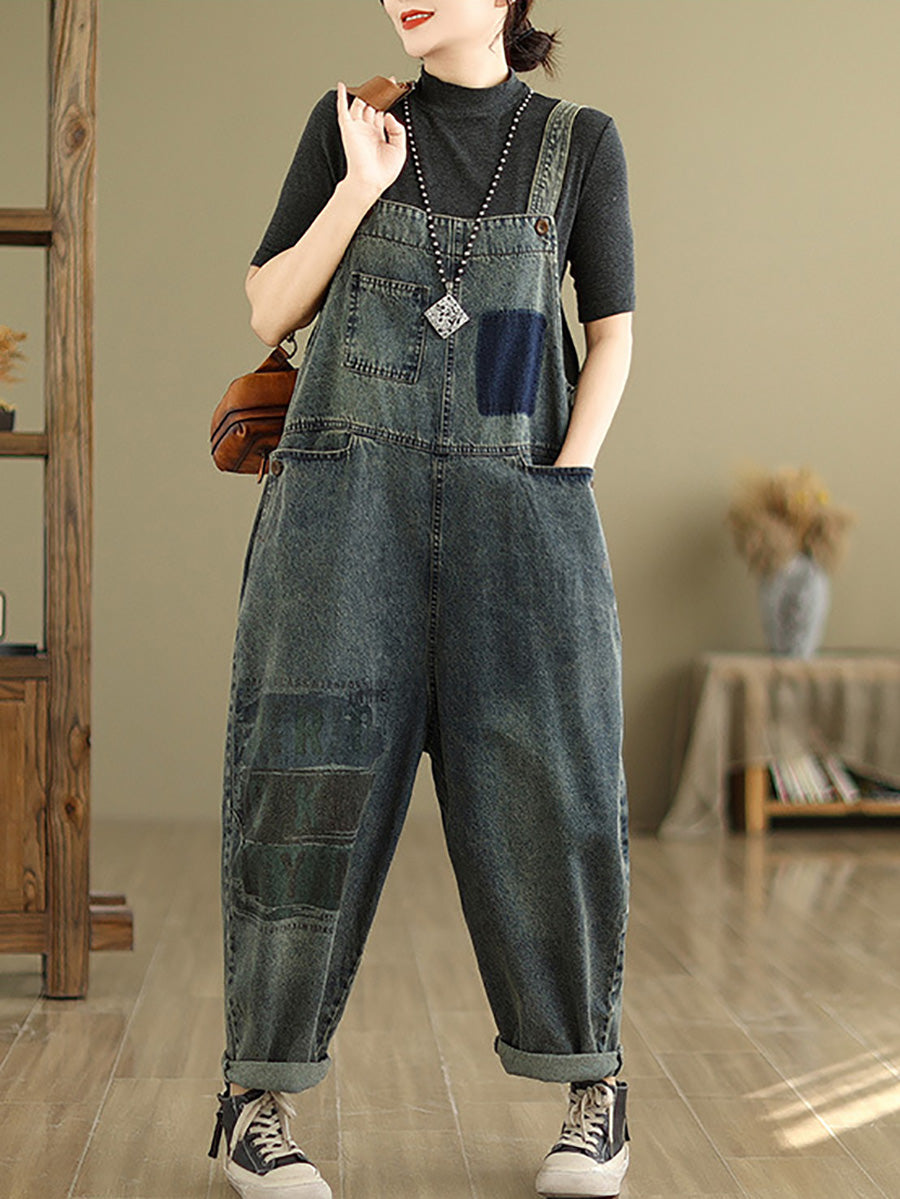 Women Retro Patchwork Loose Washed Denim Jumpsuits