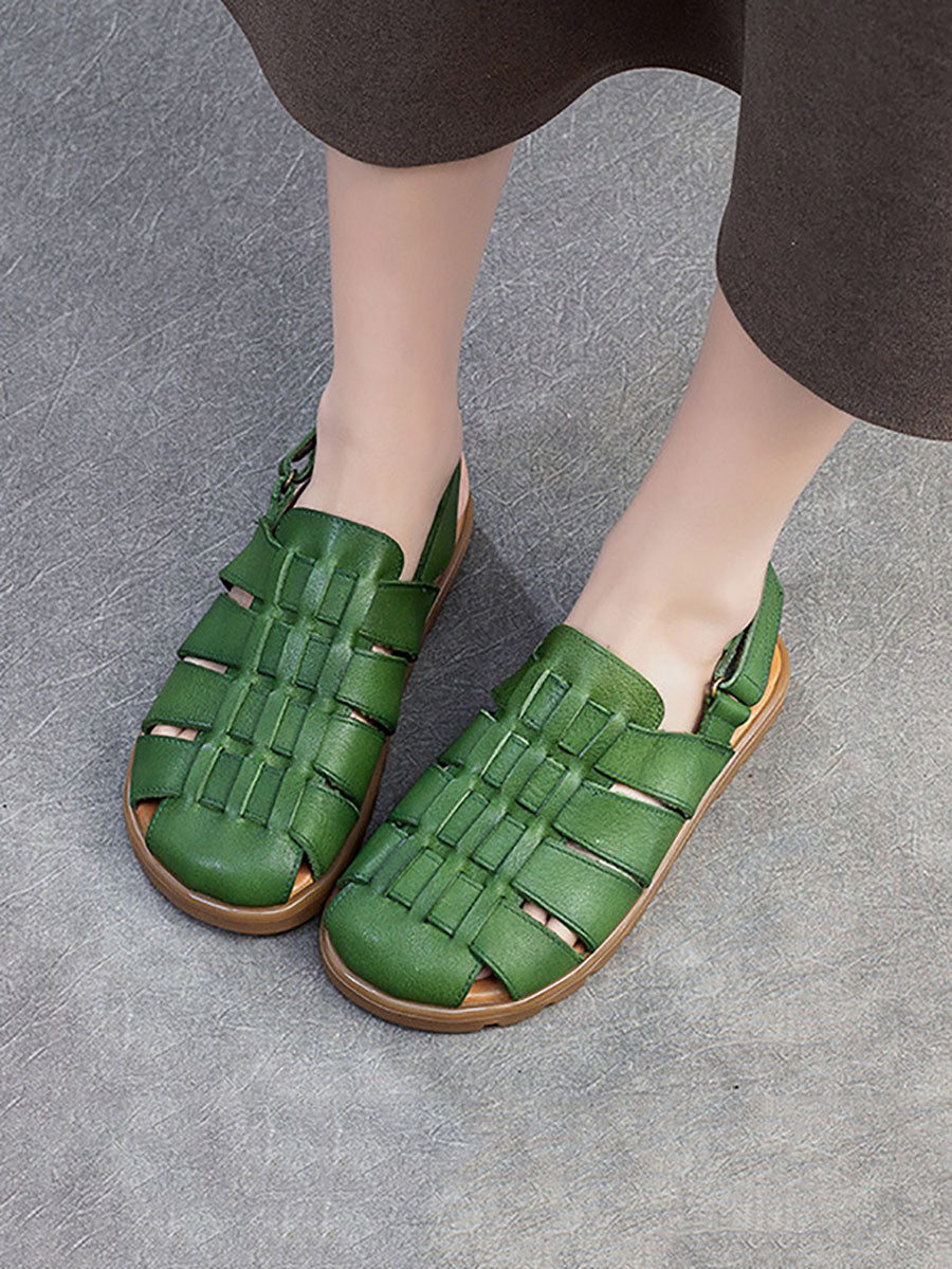 Women Summer Casual Leather Weave Solid Flat Shoes